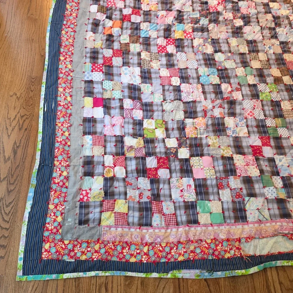 Vintage Handmade‎ Patchwork Quilt Plaid Floral 1960s Farmhouse Americana 70x86